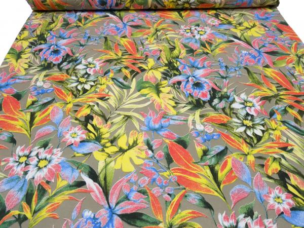 Stoff Sweatshirtstoff French Terry mit Blumen Design taupé gelb grün blau rot bunt Kleiderstoff