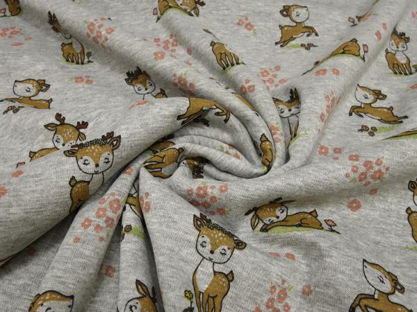 Fabric sweatshirt fabric with alpine fleece offside with deer fawn design gray melange brown colorful children's fabric clothing fabric hoodie fabric