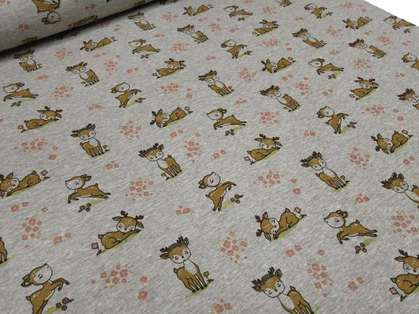 Fabric sweatshirt fabric with alpine fleece offside with deer fawn design gray melange brown colorful children's fabric clothing fabric hoodie fabric