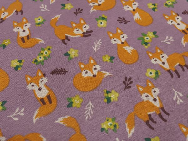 Fabric sweatshirt fabric with alpine fleece off side with foxes design lilac orange beige brown colorful children's fabric clothing fabric hoodie fabric