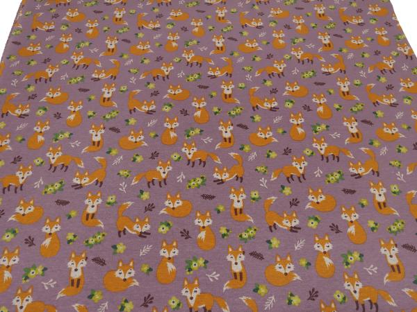 Fabric sweatshirt fabric with alpine fleece off side with foxes design lilac orange beige brown colorful children's fabric clothing fabric hoodie fabric