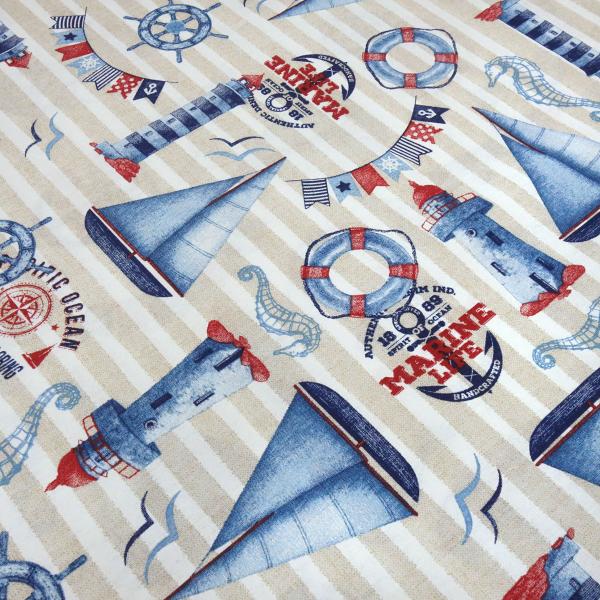 Maritime decorative fabric Marine Life with ships and lighthouse design, beige, white, blue, red stripes, bag fabric, tablecloth fabric, patchwork fabric, cushion cover fabric