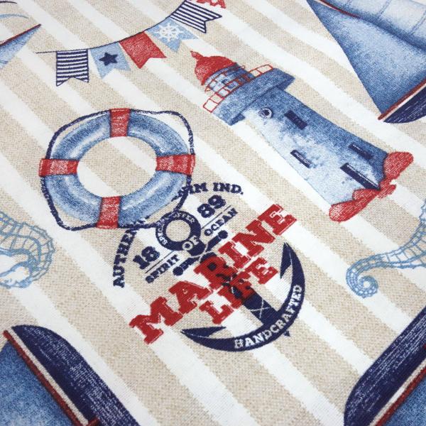 Maritime decorative fabric Marine Life with ships and lighthouse design, beige, white, blue, red stripes, bag fabric, tablecloth fabric, patchwork fabric, cushion cover fabric