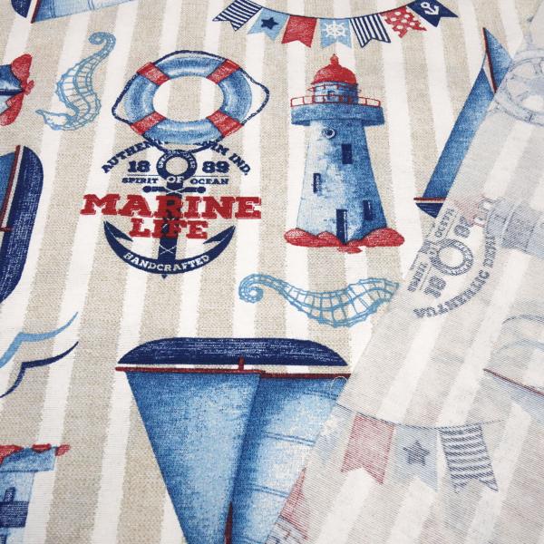 Maritime decorative fabric Marine Life with ships and lighthouse design, beige, white, blue, red stripes, bag fabric, tablecloth fabric, patchwork fabric, cushion cover fabric