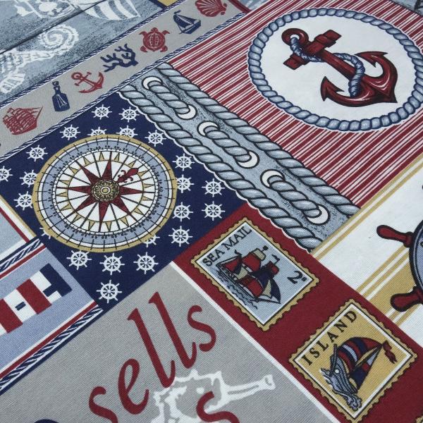Stoff maritimer Dekostoff Sailing Schiffe Leuchtturm Anker Design blau grau rot beige weiß Taschenstoff Tischdeckenstoff Patchworkstoff Kissenbezugsstoff