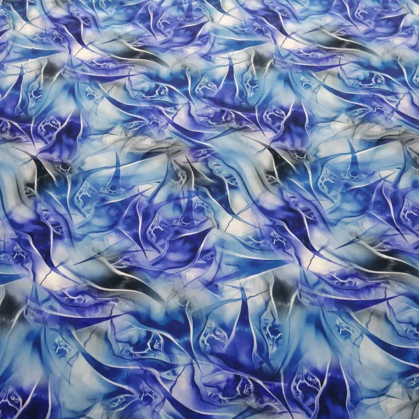 Viscose Blouse Fabric with Abstract Design—Royal Blue, Blue, White, Gray, Black—Dress Fabric