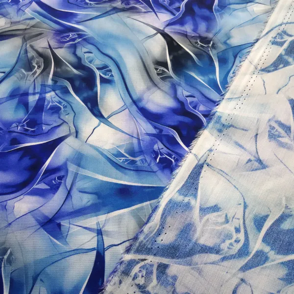Viscose Blouse Fabric with Abstract Design—Royal Blue, Blue, White, Gray, Black—Dress Fabric