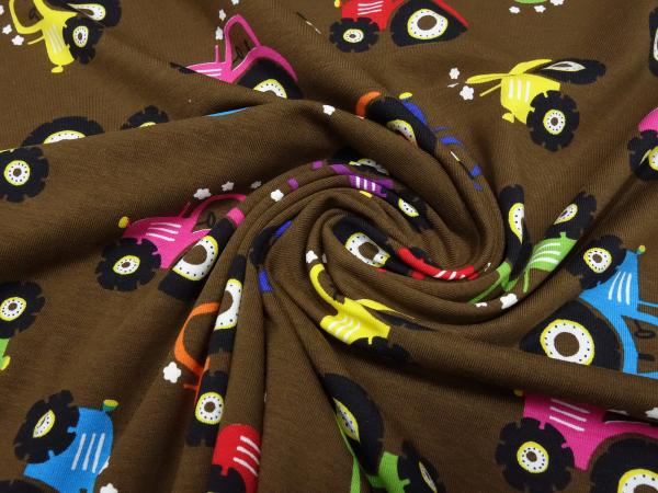 Fabric cotton jersey with tractor tractor design brown blue red green yellow black colorful children's fabric dress fabric