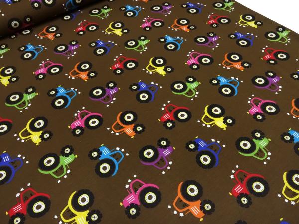 Fabric cotton jersey with tractor tractor design brown blue red green yellow black colorful children's fabric dress fabric
