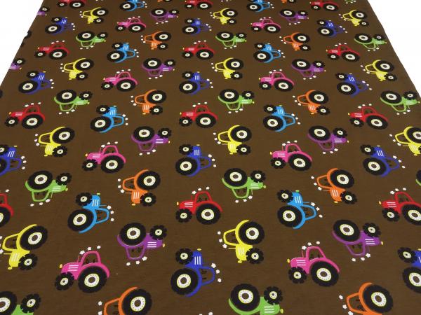 Fabric cotton jersey with tractor tractor design brown blue red green yellow black colorful children's fabric dress fabric