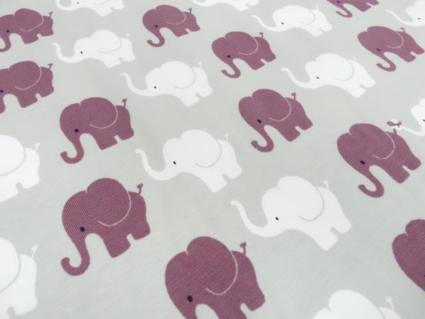 Stoff Baumwolle Jersey Elefanten Parade Design hellgrau weiß beere Kinderstoff Kleiderstoff