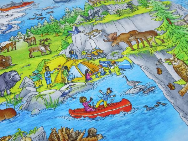Stoff Baumwolle Jersey Wimmelbuch Nordamerika Design blau grün rot braun bunt Kinderstoff Kleiderstoff Lizenzstoff