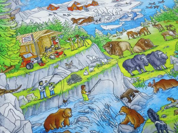 Stoff Baumwolle Jersey Wimmelbuch Nordamerika Design blau grün rot braun bunt Kinderstoff Kleiderstoff Lizenzstoff