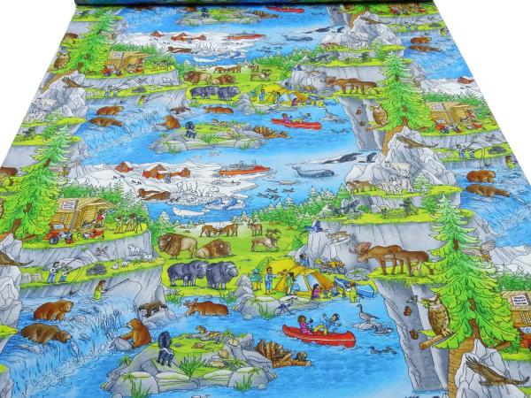 Stoff Baumwolle Jersey Wimmelbuch Nordamerika Design blau grün rot braun bunt Kinderstoff Kleiderstoff Lizenzstoff
