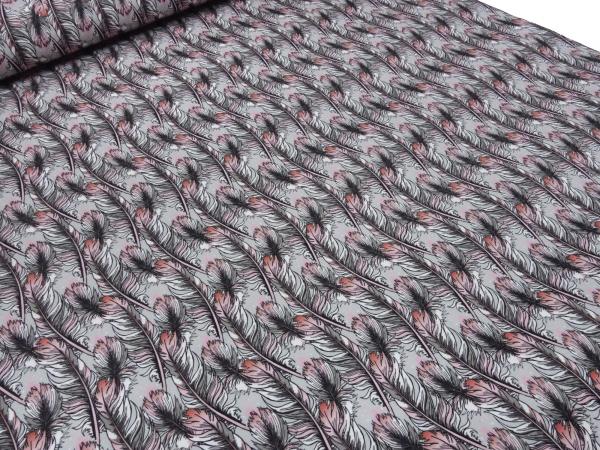 Stoff Baumwolle French Terry Sweatshirtstoff Federn Design grau rosa coralle weiß schwarz Kleiderstoff Kinderstoff