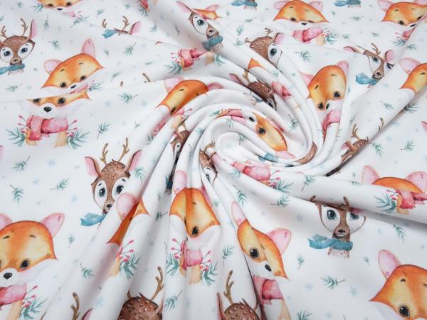 Stoff Baumwolle Jersey mit Wintertiere Hirsche Füchse Design weiß braun orange grün bunt Kinderstoff Kleiderstoff