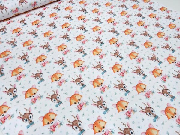 Stoff Baumwolle Jersey mit Wintertiere Hirsche Füchse Design weiß braun orange grün bunt Kinderstoff Kleiderstoff