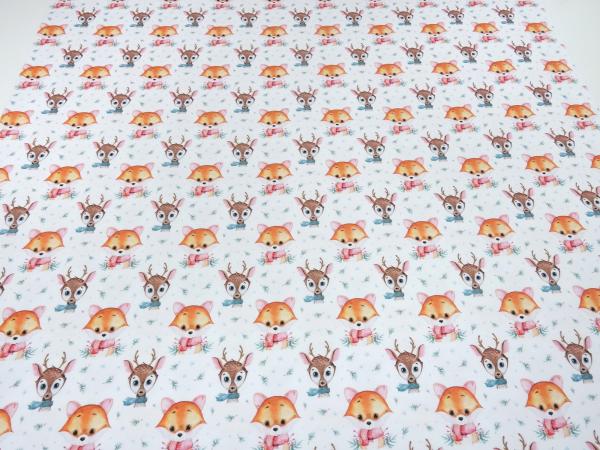 Stoff Baumwolle Jersey mit Wintertiere Hirsche Füchse Design weiß braun orange grün bunt Kinderstoff Kleiderstoff
