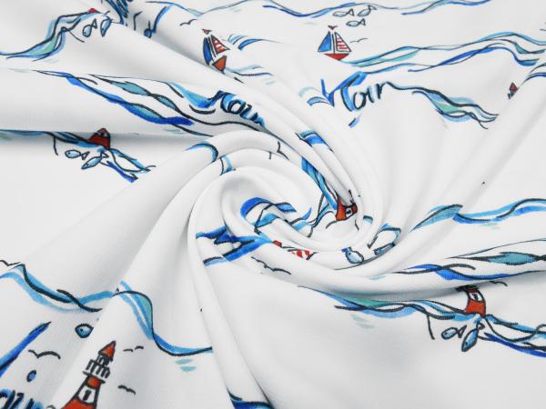 Stoff Baumwolle French Terry Sommer Sweatshirtstoff mit maritimen Moin Schiffe Fische Leuchtturm Wellen Design weiss marine blau türkis rot Kinderstoff Kleiderstoff