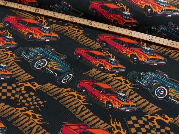 Stoff Baumwolle Jersey mit einem Motorshow Rennwagen Autos Oldtimer Design schwarz orange rot bunt Kinderstoff Kleiderstoff
