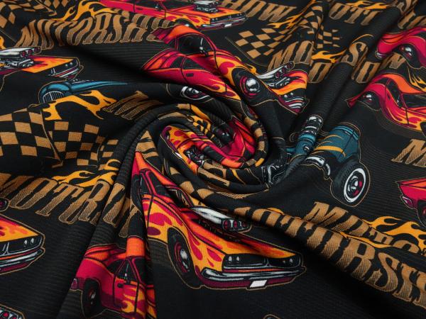 Stoff Baumwolle Jersey mit einem Motorshow Rennwagen Autos Oldtimer Design schwarz orange rot bunt Kinderstoff Kleiderstoff