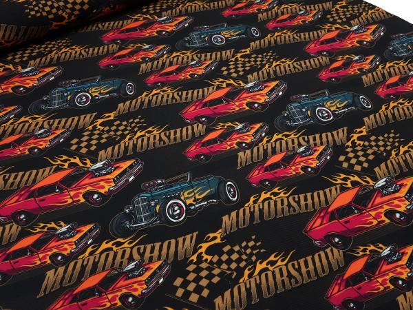Stoff Baumwolle Jersey mit einem Motorshow Rennwagen Autos Oldtimer Design schwarz orange rot bunt Kinderstoff Kleiderstoff
