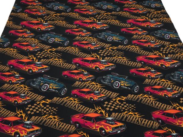 Stoff Baumwolle Jersey mit einem Motorshow Rennwagen Autos Oldtimer Design schwarz orange rot bunt Kinderstoff Kleiderstoff