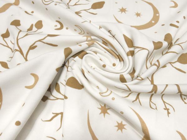 Fabric cotton jersey in boho leaves style trees moon stars design beige sand brown children's fabric dress fabric
