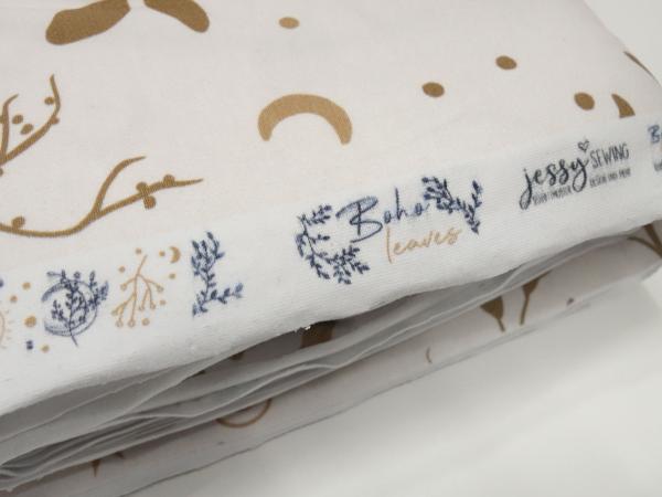 Fabric cotton jersey in boho leaves style trees moon stars design beige sand brown children's fabric dress fabric