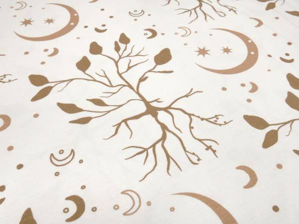 Fabric cotton jersey in boho leaves style trees moon stars design beige sand brown children's fabric dress fabric