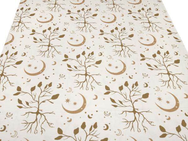 Fabric cotton jersey in boho leaves style trees moon stars design beige sand brown children's fabric dress fabric