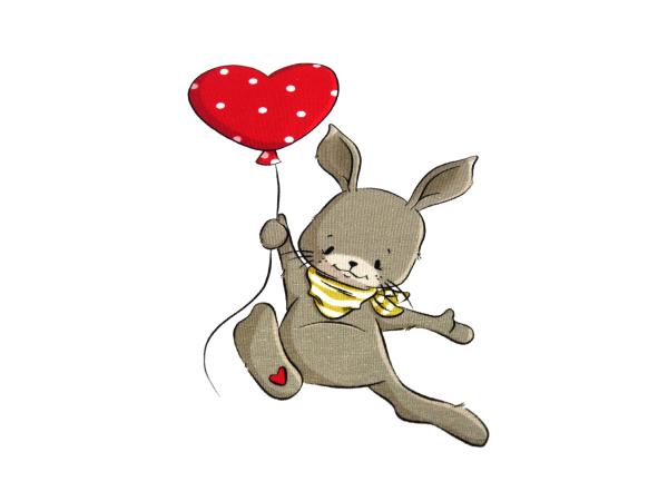 Stoff Baumwolle Jersey Panel 65 cm x 145 cm Hase Hanna Herzen Ballon Pünktchen Design weiss rot braun Kinderstoff Kleiderstoff