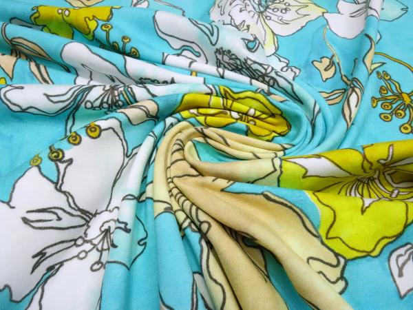 Fabric cotton jersey Flowers floral pattern turquoise white yellow colorful dress fabric children's fabric