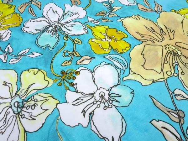 Fabric cotton jersey Flowers floral pattern turquoise white yellow colorful dress fabric children's fabric