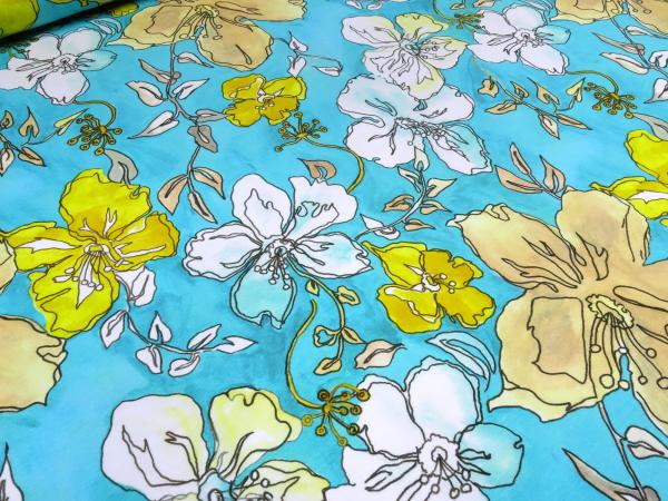 Fabric cotton jersey Flowers floral pattern turquoise white yellow colorful dress fabric children's fabric