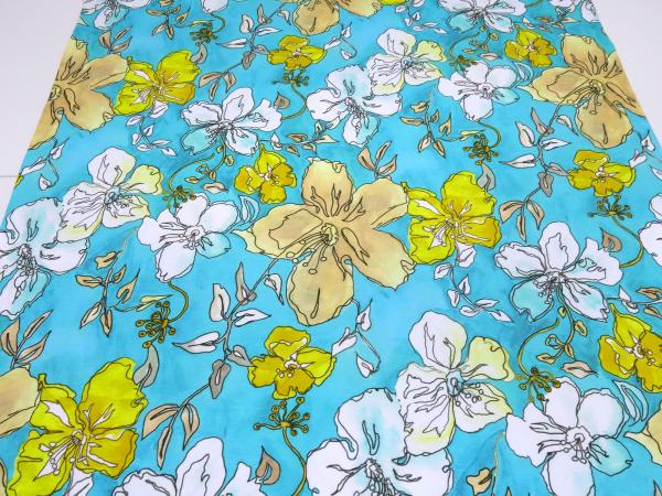 Fabric cotton jersey Flowers floral pattern turquoise white yellow colorful dress fabric children's fabric