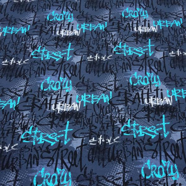 Fabric cotton jersey graffiti design blue turquoise white black dress fabric children's fabric