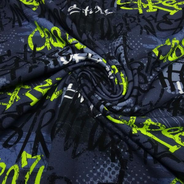 Stoff Baumwolle Jersey Graffiti Design blau neongrün weiß schwarz Kleiderstoff Kinderstoff