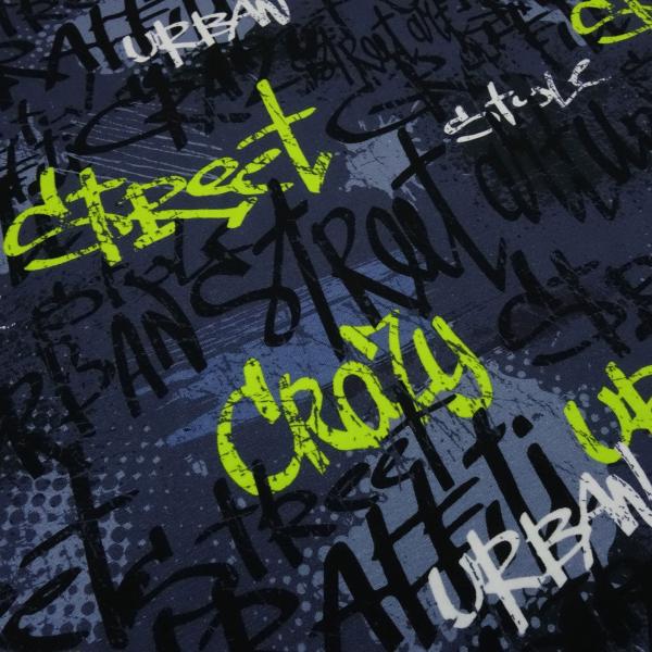Stoff Baumwolle Jersey Graffiti Design blau neongrün weiß schwarz Kleiderstoff Kinderstoff
