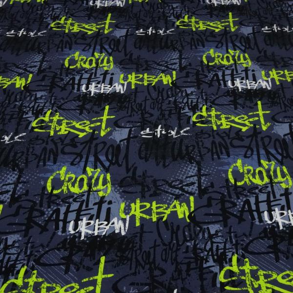 Stoff Baumwolle Jersey Graffiti Design blau neongrün weiß schwarz Kleiderstoff Kinderstoff