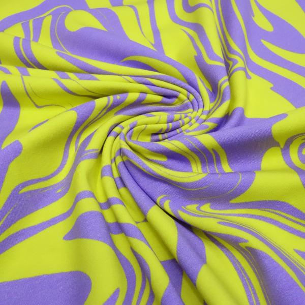 Fabric cotton jersey abstract marbling design lilac neon yellow dress fabric kids fabric