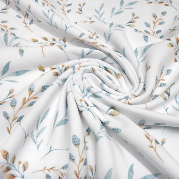 Stoff Baumwolle French Terry Sweatshirtstoff Palmkätzchen Blätter Blumen Blüten Knospen Design weiß eisblau braun Kleiderstoff Kinderstoff