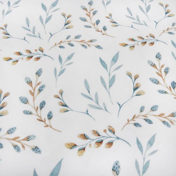 Stoff Baumwolle French Terry Sweatshirtstoff Palmkätzchen Blätter Blumen Blüten Knospen Design weiß eisblau braun Kleiderstoff Kinderstoff