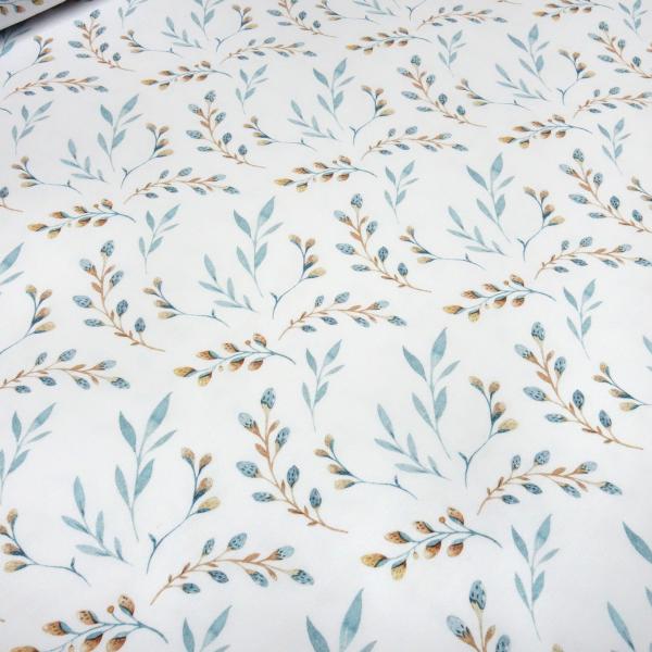 Stoff Baumwolle French Terry Sweatshirtstoff Palmkätzchen Blätter Blumen Blüten Knospen Design weiß eisblau braun Kleiderstoff Kinderstoff