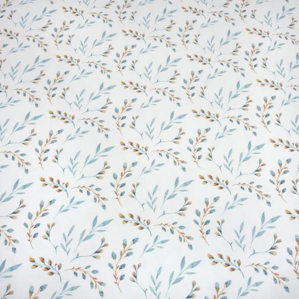 Stoff Baumwolle French Terry Sweatshirtstoff Palmkätzchen Blätter Blumen Blüten Knospen Design weiß eisblau braun Kleiderstoff Kinderstoff