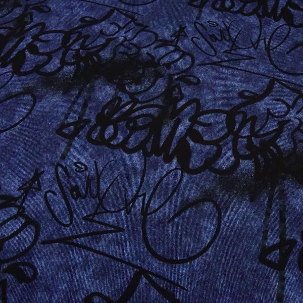 Stoff Baumwolle French Terry Sweatshirtstoff Graffiti jeans blau schwarz Kleiderstoff Kinderstoff