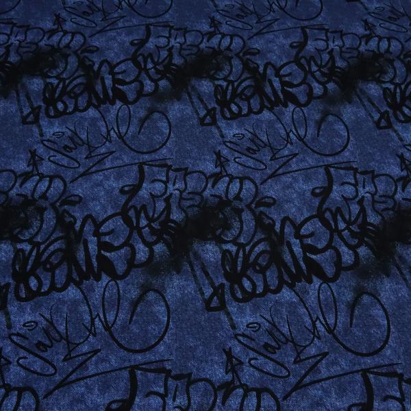 Stoff Baumwolle French Terry Sweatshirtstoff Graffiti jeans blau schwarz Kleiderstoff Kinderstoff