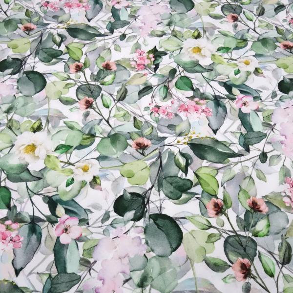 Stoff Baumwolle Jersey mit Eukalyptus Blumenmuster Design weiß grün rosa bunt Kleiderstoff Kinderstoff