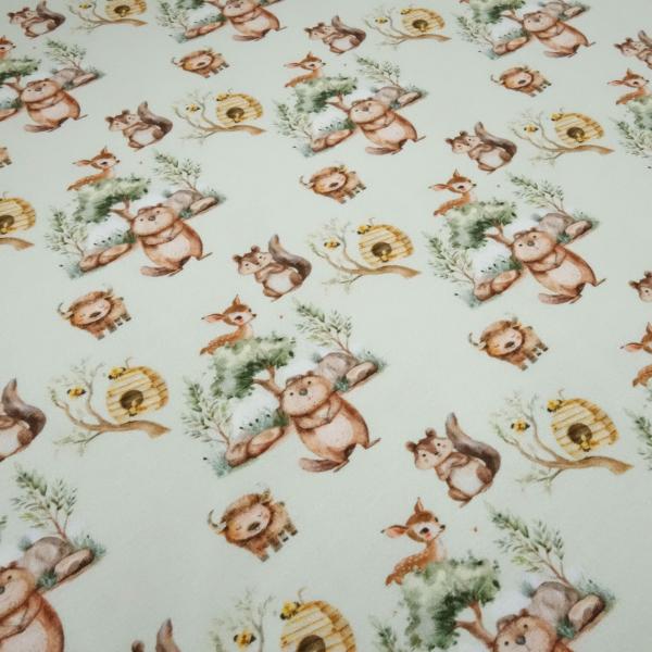 Stoff Baumwolle Jersey mit Waldtiere Design hellgrün braun gelb bunt Kleiderstoff Kinderstoff