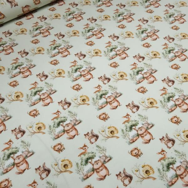 Stoff Baumwolle Jersey mit Waldtiere Design hellgrün braun gelb bunt Kleiderstoff Kinderstoff
